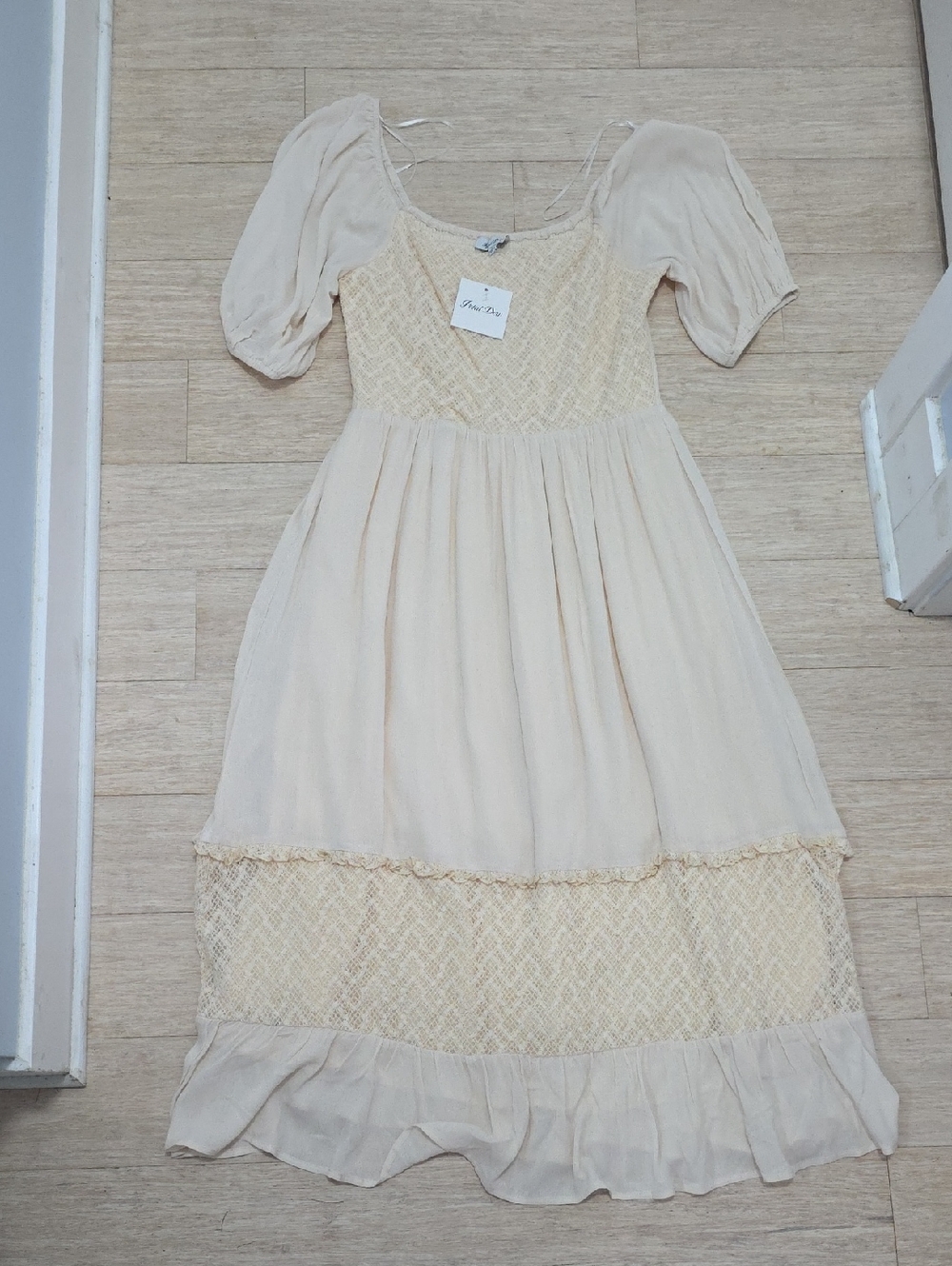 Boho Cream Smocked Midi Dress